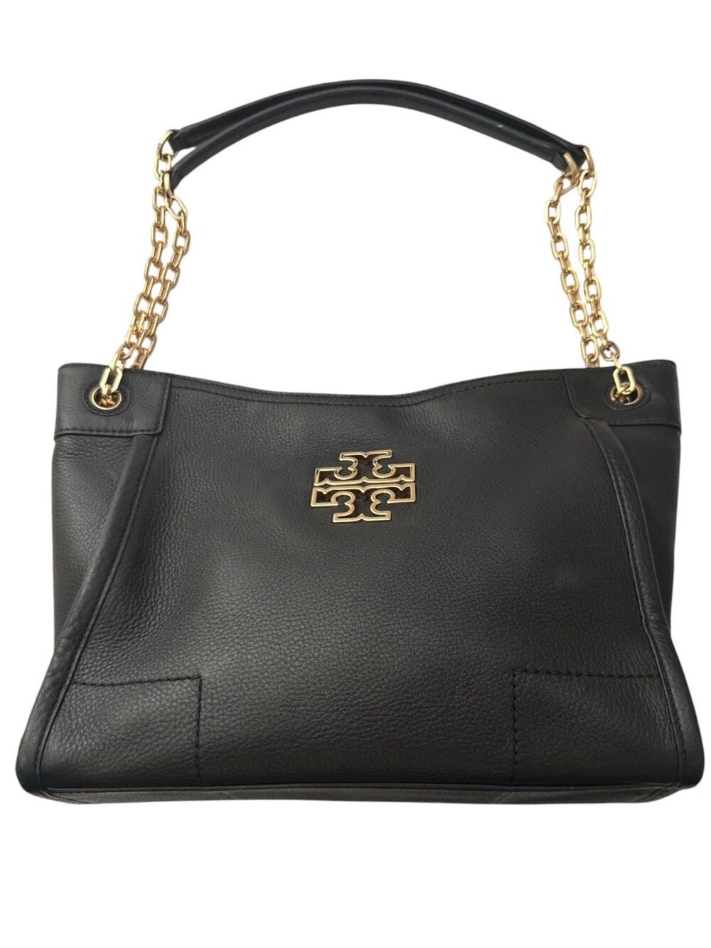Tory Burch Britten Chain Tote Black Pebbled Leather Gold Logo Shoulder Bag Large